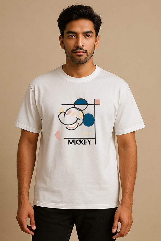 Men’s White Oversized Cotton T-Shirt – Mickey Abstract Graphic Printed Tee