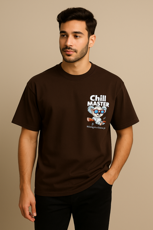 Men’s Brown Oversized Cotton T-Shirt – “Chill Master” Koala Graphic Printed Tee