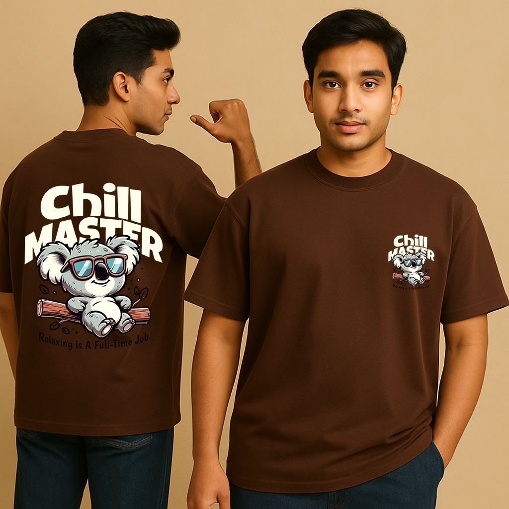 Men’s Brown Oversized Cotton T-Shirt – “Chill Master” Koala Graphic Printed Tee