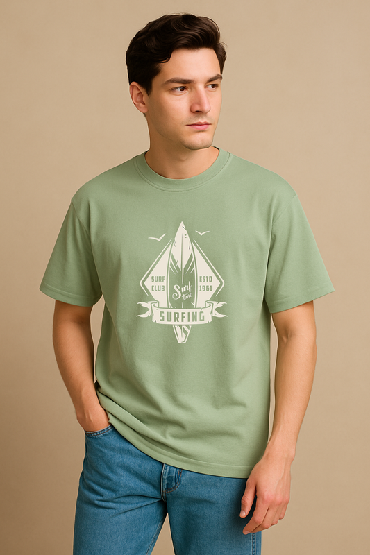 Men’s Sage Green Oversized Cotton T-Shirt – Surf Club Graphic Printed Tee