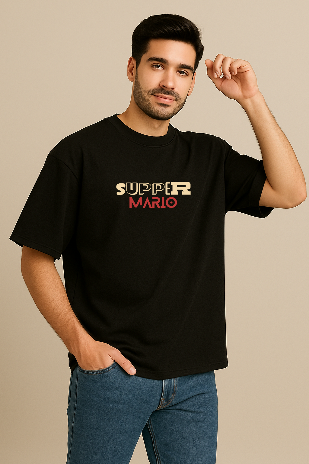 Men’s Black Oversized Cotton T-Shirt – Super Mario Graphic Printed Tee