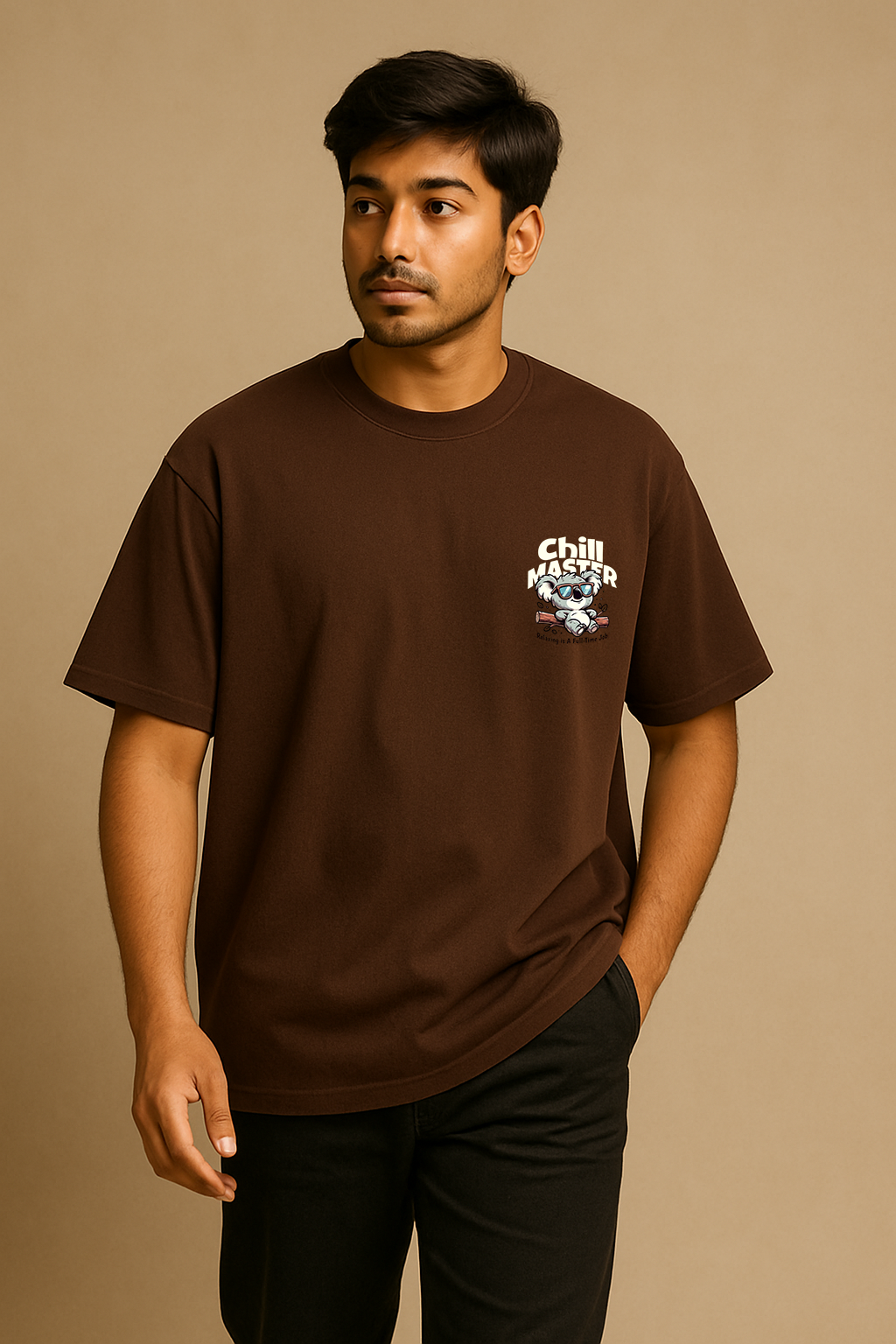 Men’s Brown Oversized Cotton T-Shirt – “Chill Master” Koala Graphic Printed Tee
