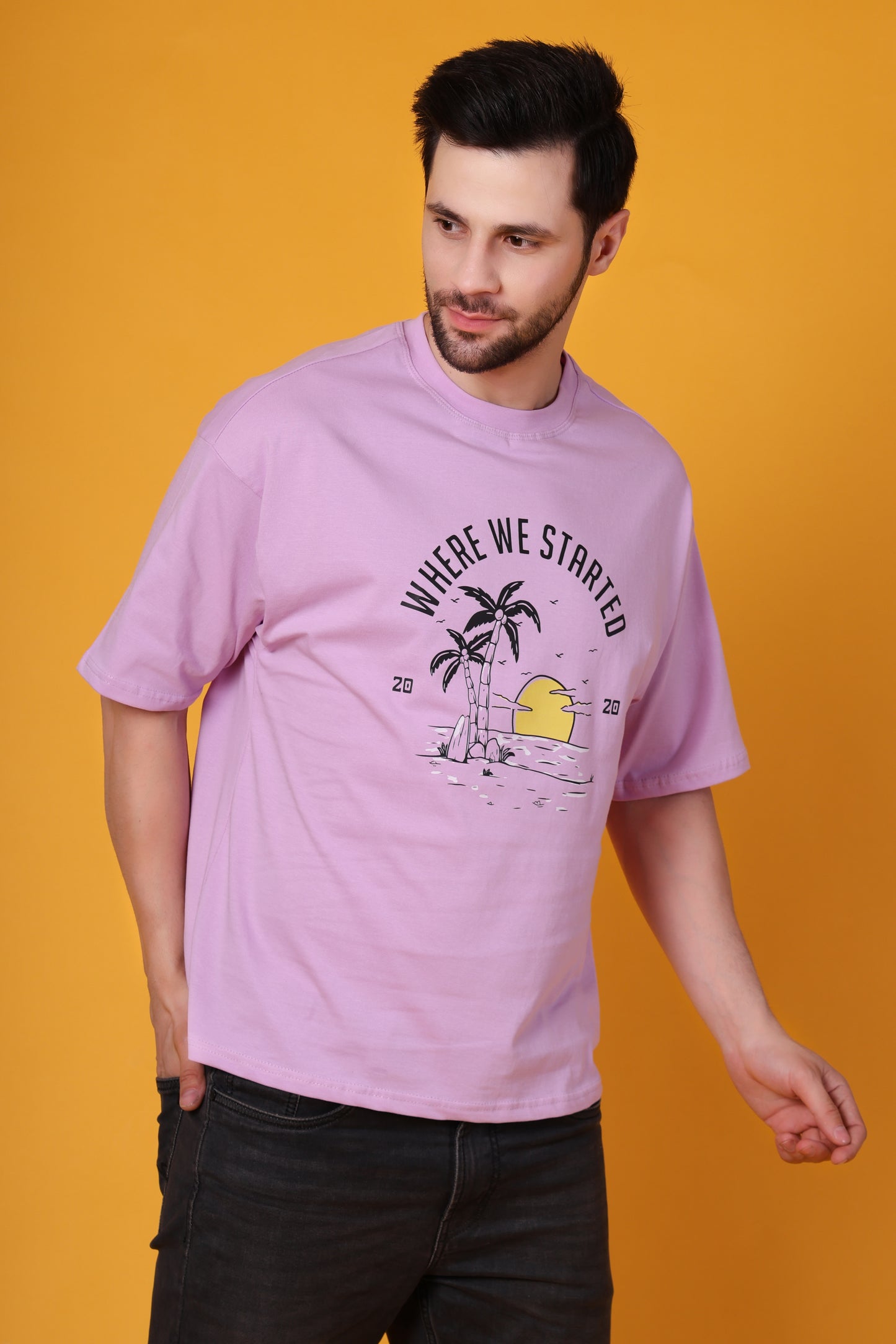 Men's Lavender Oversized Cotton T-Shirt – "Where We Started" Graphic Printed Tee