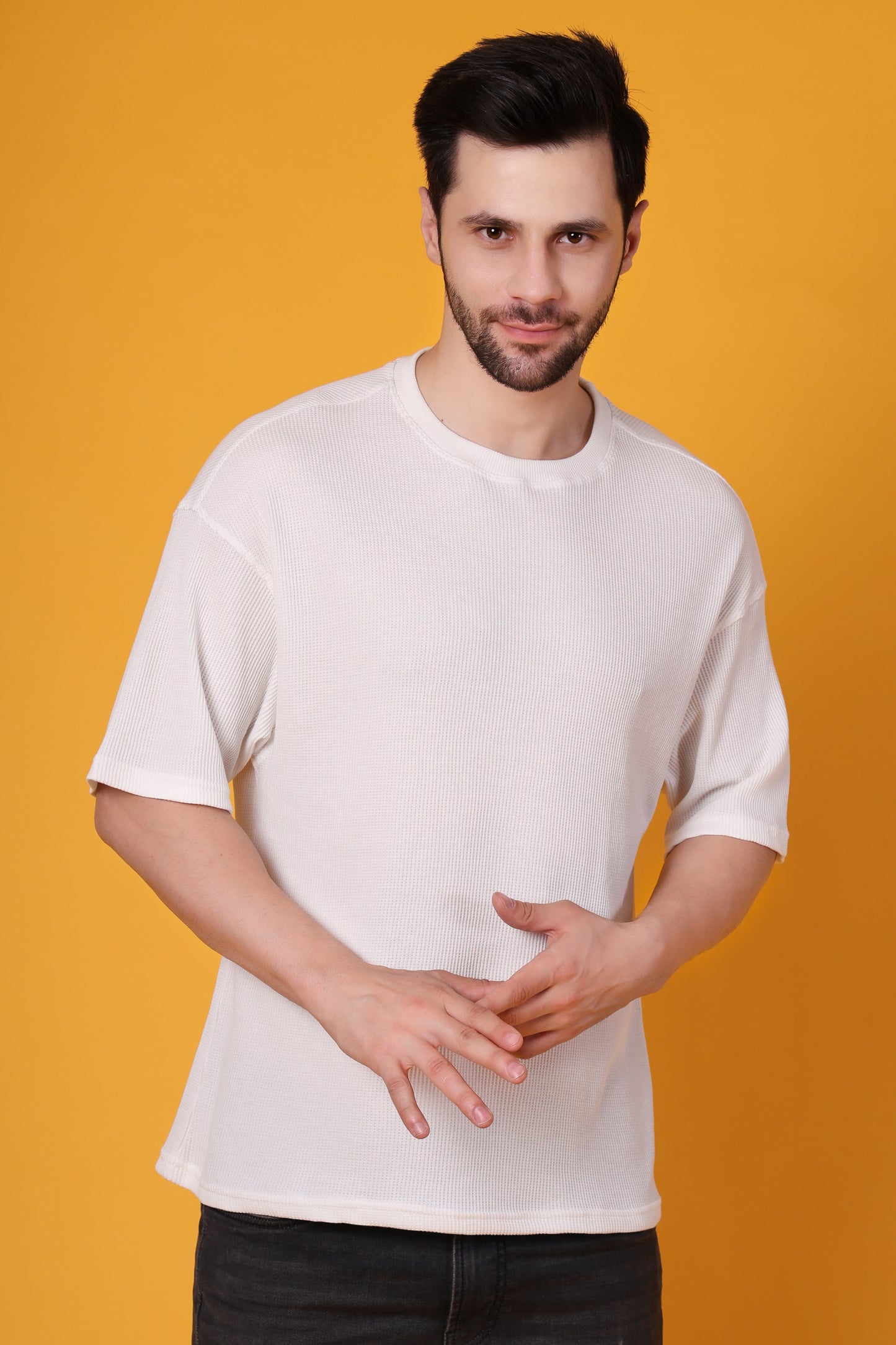 Men’s Off-White Waffle Knit T-Shirt – Premium Cotton Blend, Relaxed Fit Statement Tee