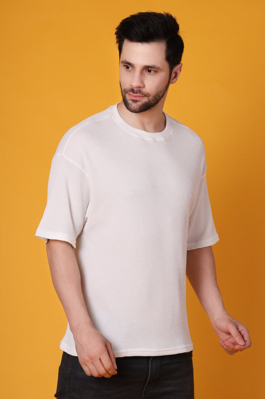Men’s Off-White Waffle Knit T-Shirt – Premium Cotton Blend, Relaxed Fit Statement Tee