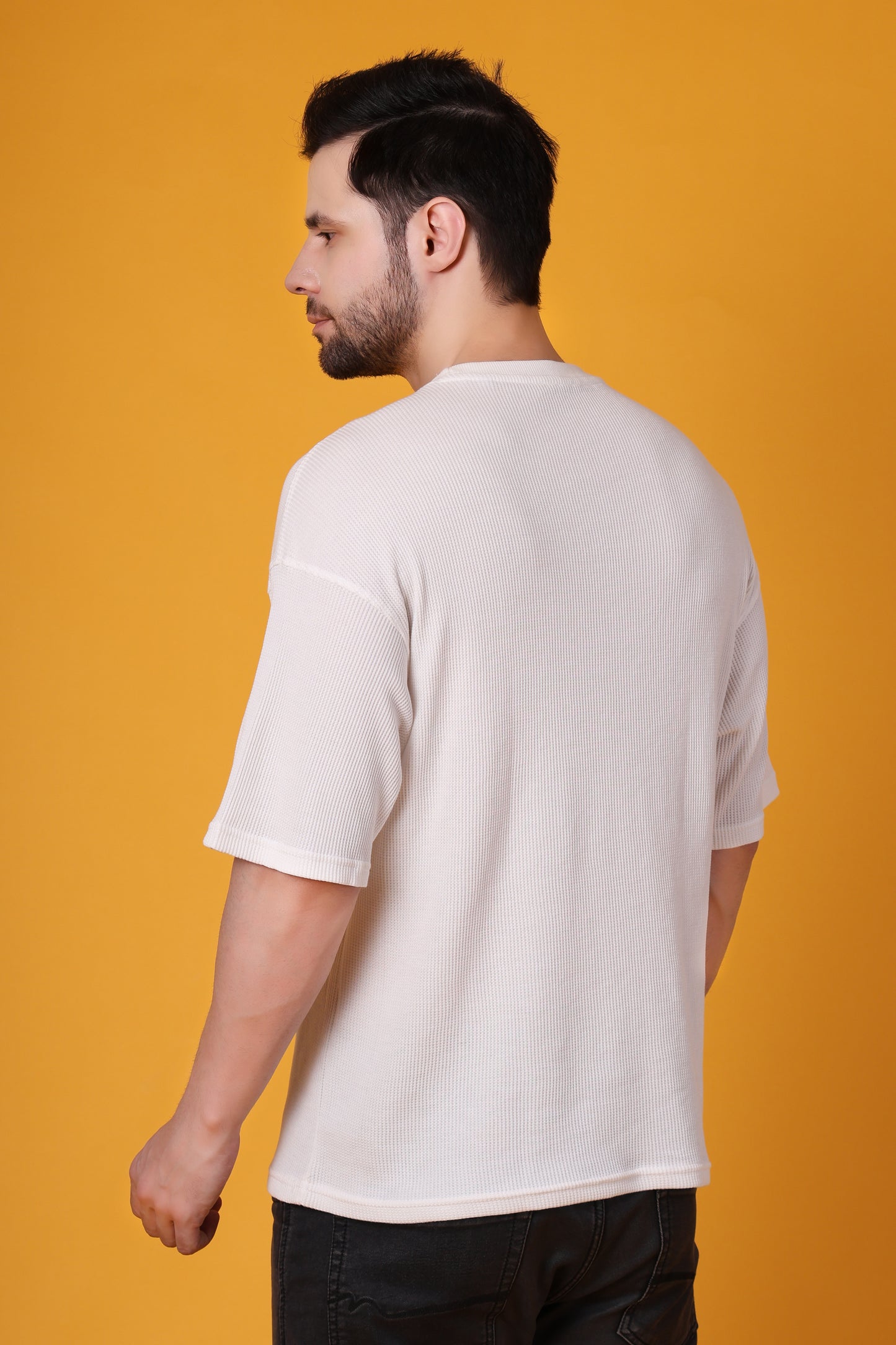 Men’s Off-White Waffle Knit T-Shirt – Premium Cotton Blend, Relaxed Fit Statement Tee