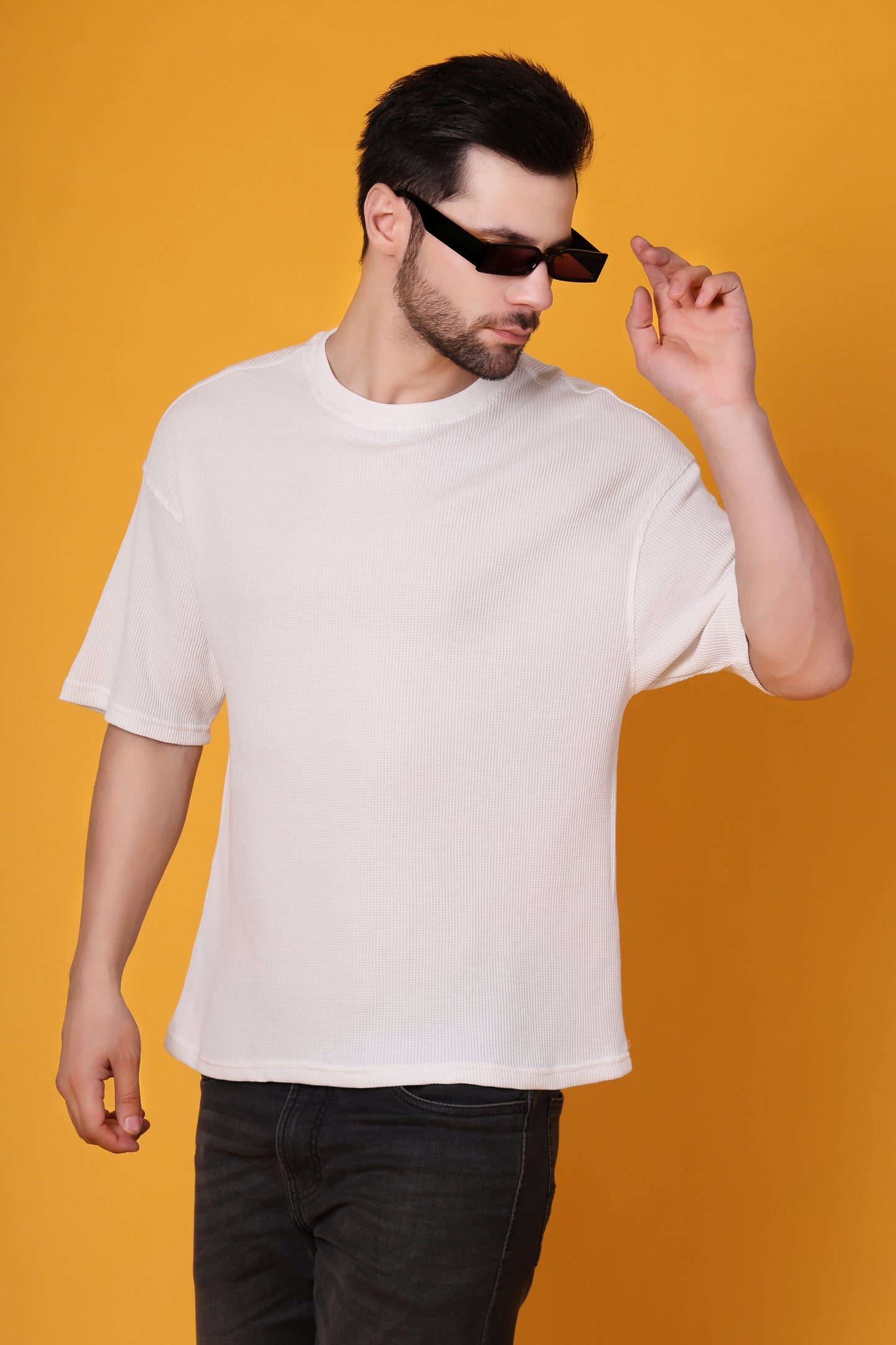 Men’s Off-White Waffle Knit T-Shirt – Premium Cotton Blend, Relaxed Fit Statement Tee