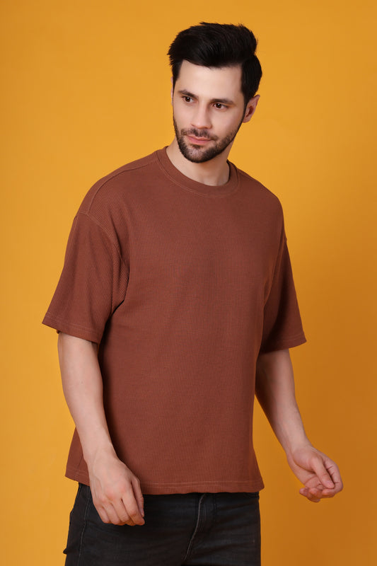 Men’s Brown Waffle Knit T-Shirt – Premium Cotton Blend, Relaxed Fit Statement Tee
