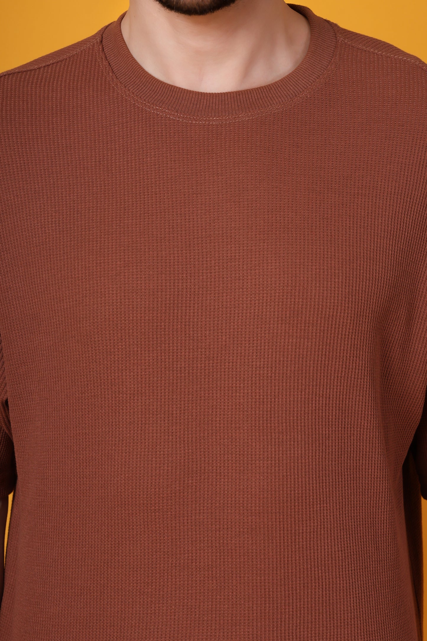 Men’s Brown Waffle Knit T-Shirt – Premium Cotton Blend, Relaxed Fit Statement Tee