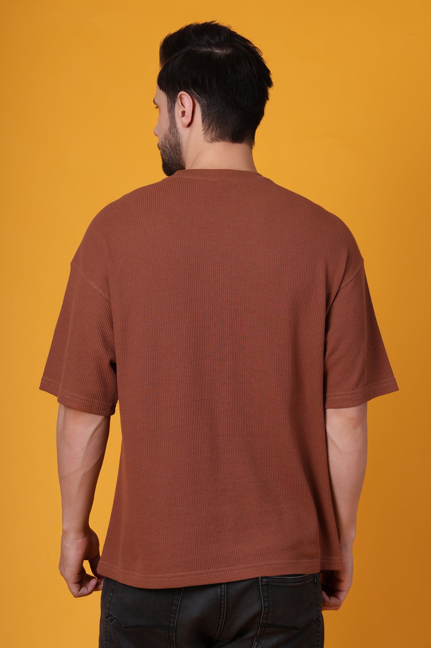 Men’s Brown Waffle Knit T-Shirt – Premium Cotton Blend, Relaxed Fit Statement Tee