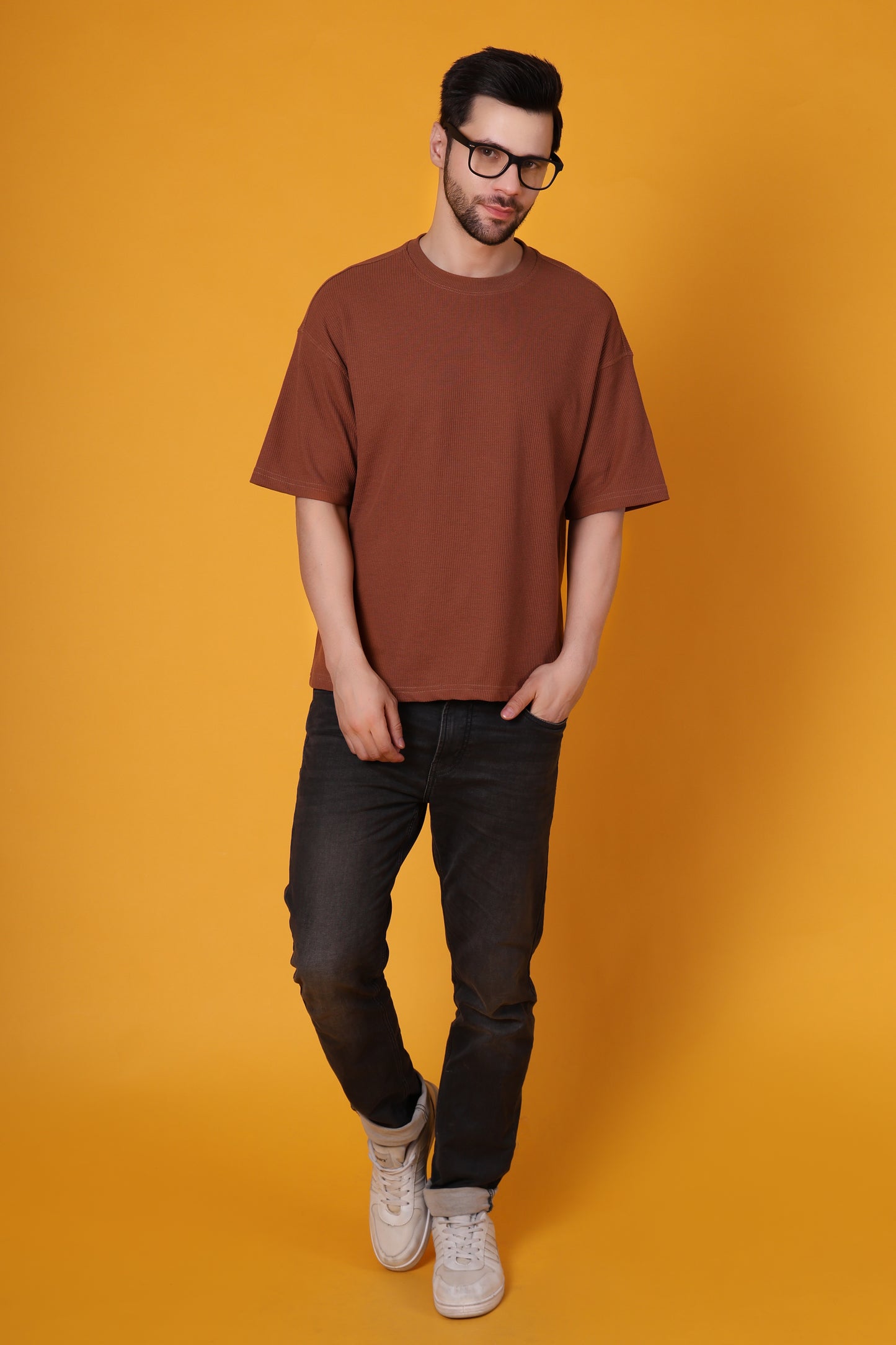 Men’s Brown Waffle Knit T-Shirt – Premium Cotton Blend, Relaxed Fit Statement Tee