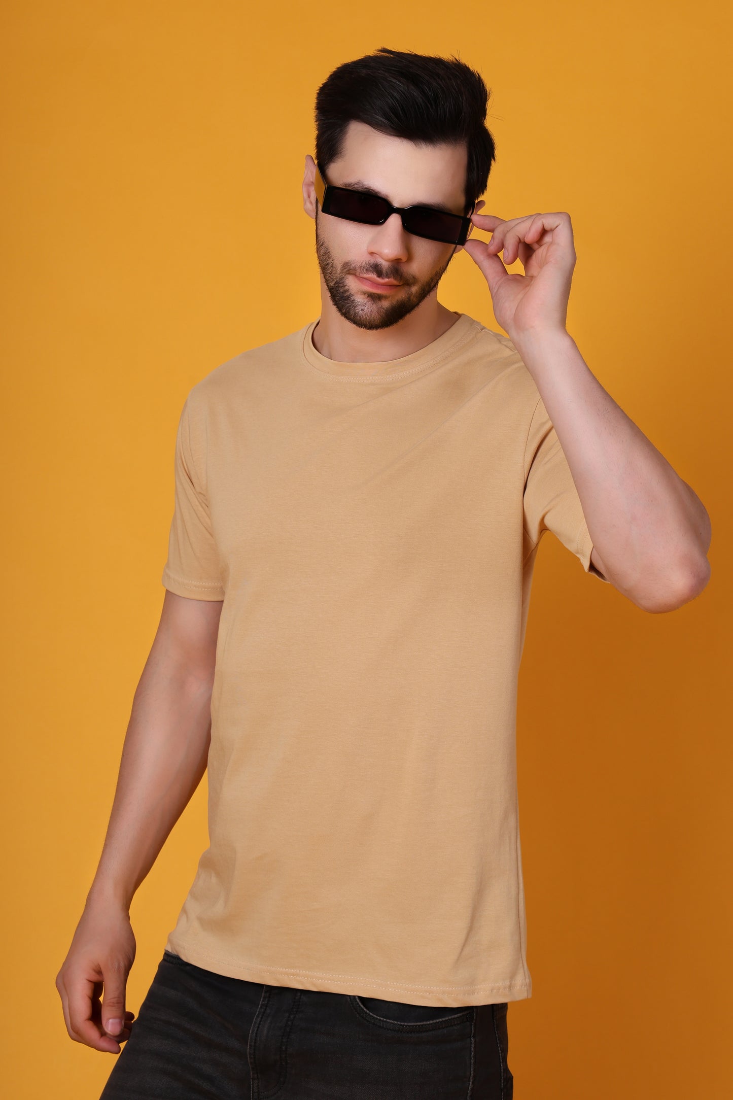 Men's Beige Cotton T-Shirt – Classic Regular Fit, Soft & Breathable