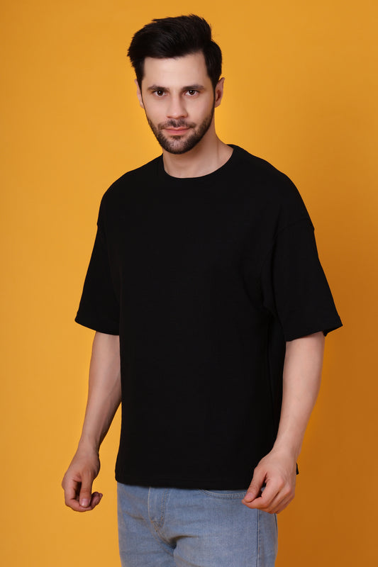 Men’s Black Waffle Knit T-Shirt – Premium Cotton Blend, Relaxed Fit Statement Tee