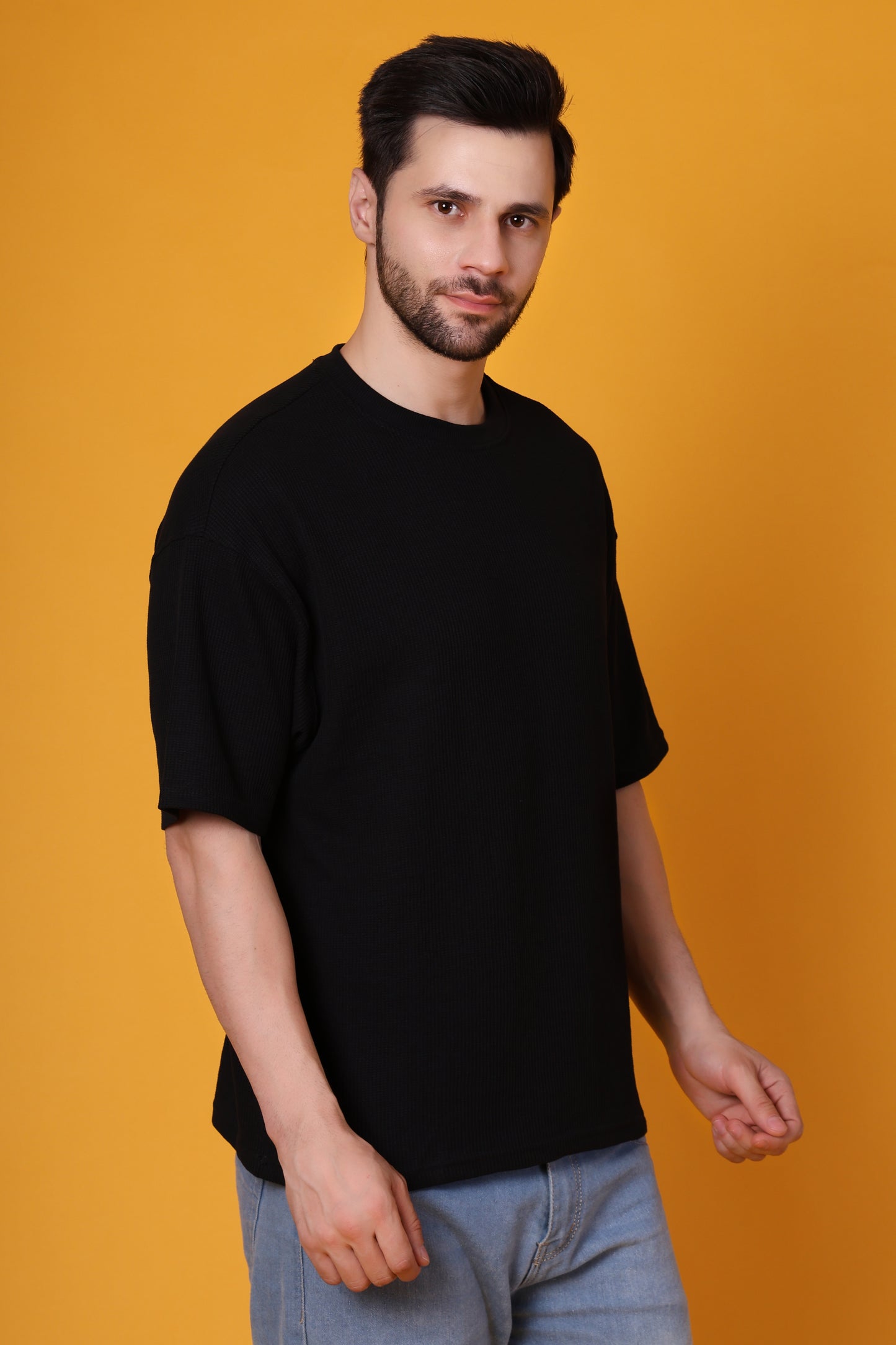 Men’s Black Waffle Knit T-Shirt – Premium Cotton Blend, Relaxed Fit Statement Tee