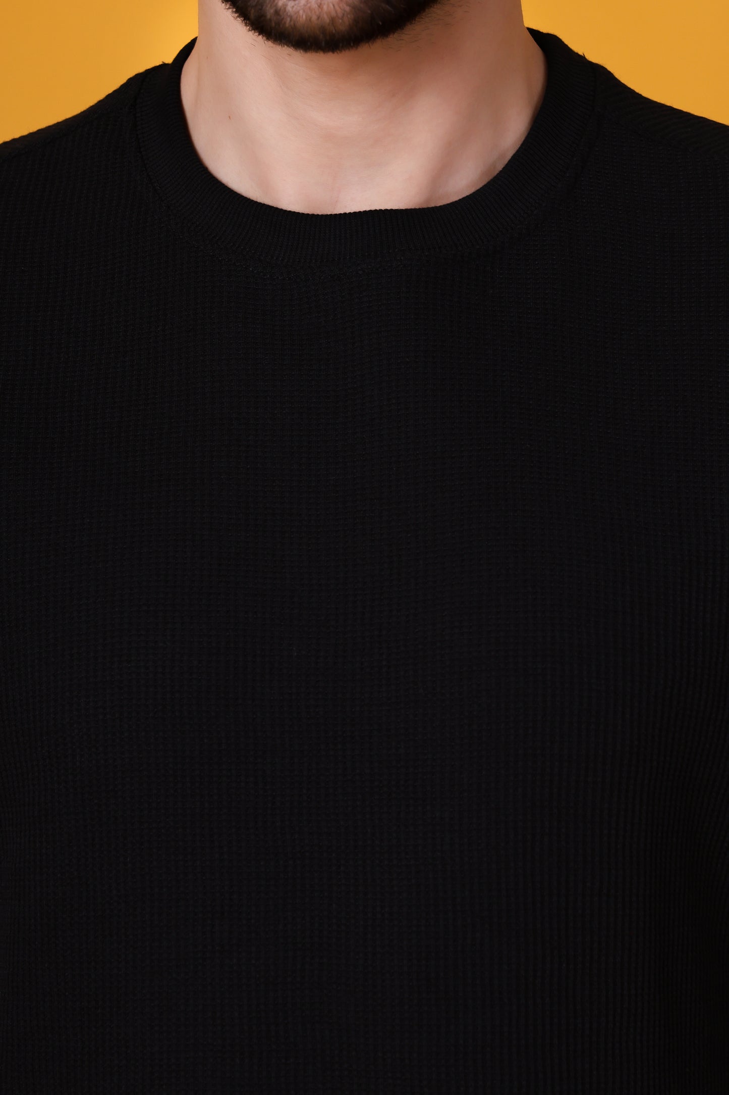Men’s Black Waffle Knit T-Shirt – Premium Cotton Blend, Relaxed Fit Statement Tee