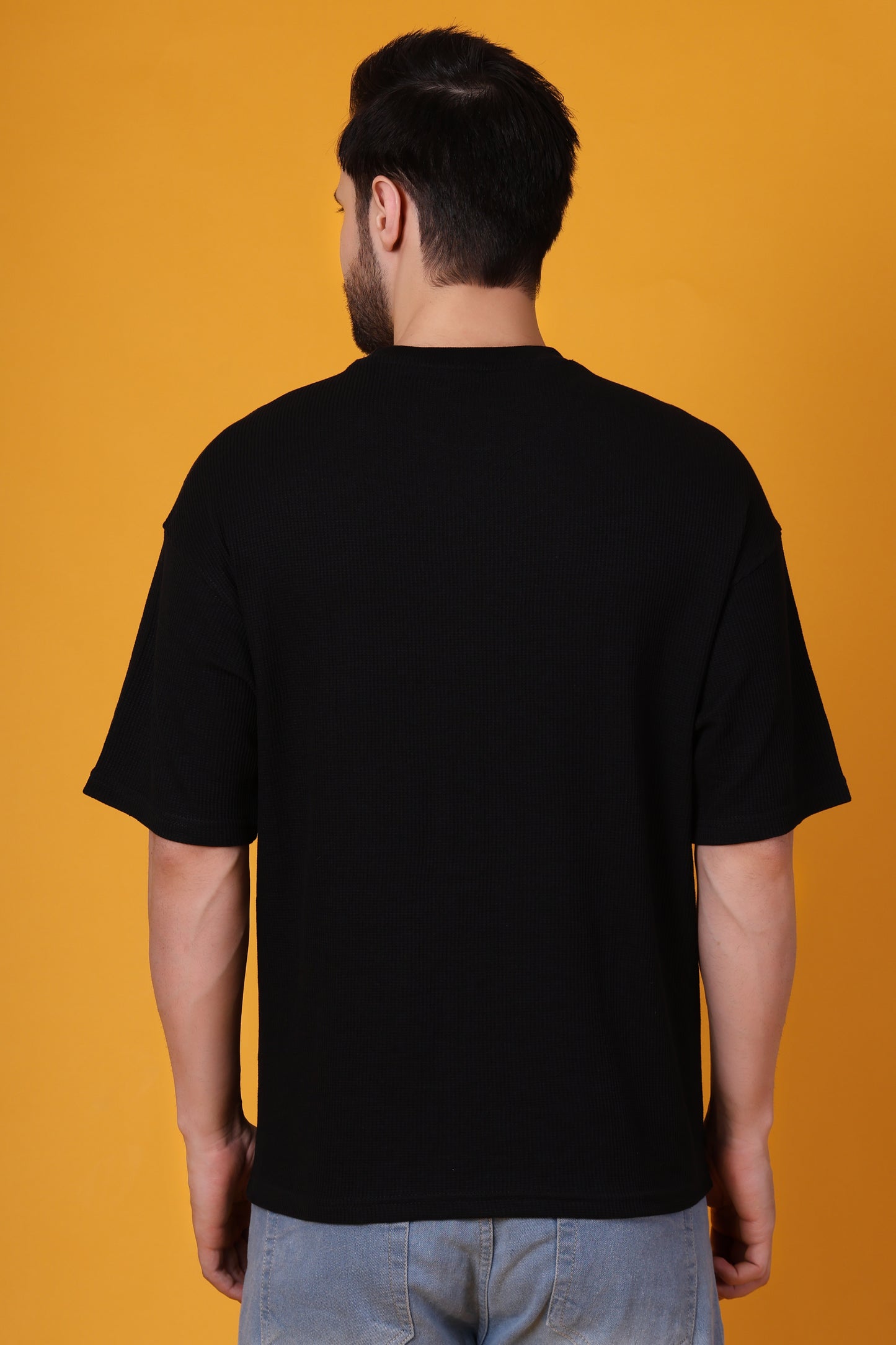Men’s Black Waffle Knit T-Shirt – Premium Cotton Blend, Relaxed Fit Statement Tee