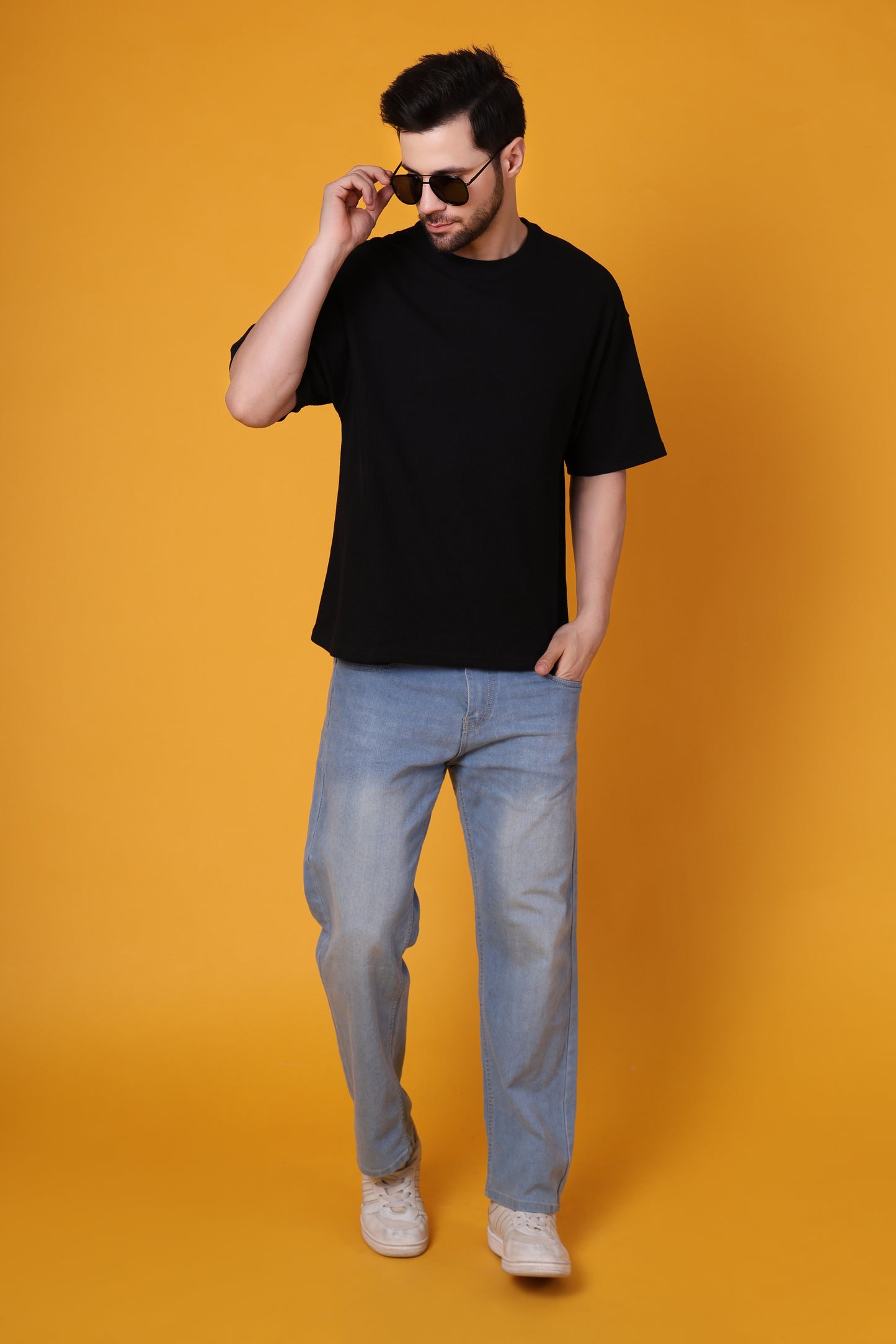 Men’s Black Waffle Knit T-Shirt – Premium Cotton Blend, Relaxed Fit Statement Tee