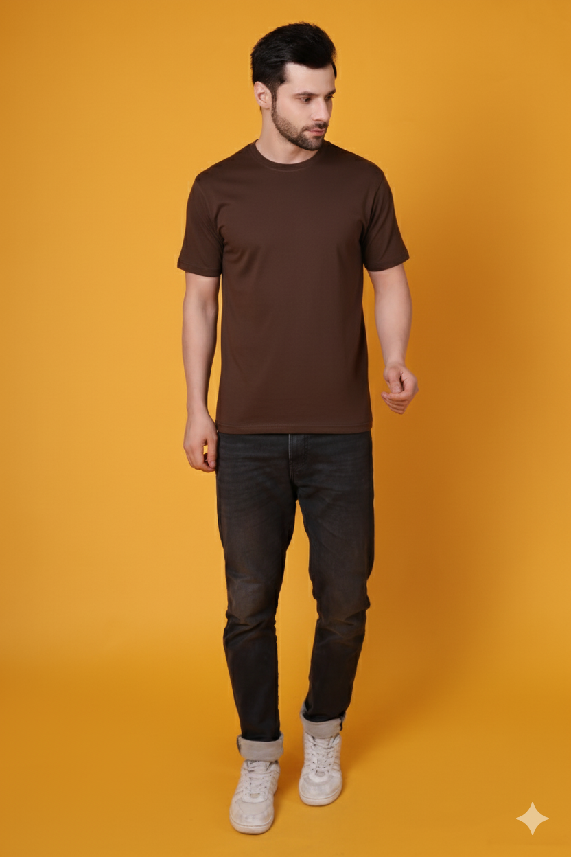 Men's Dark Brown Classic Regular Fit Cotton T-Shirt