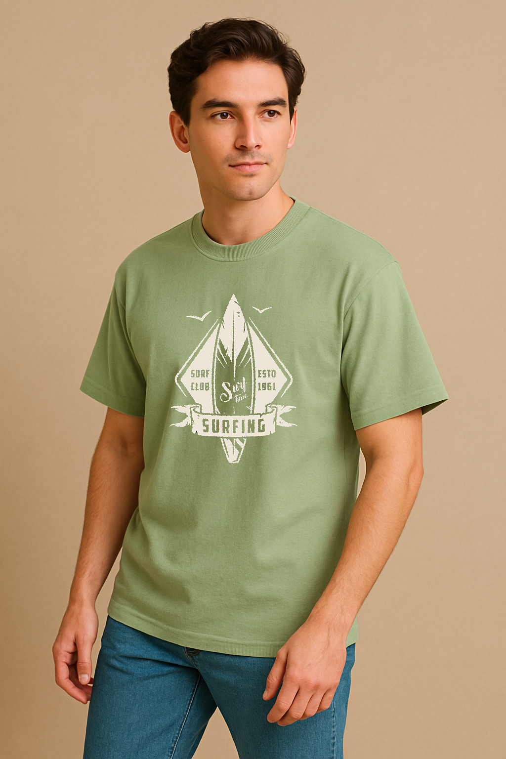 Men’s Sage Green Oversized Cotton T-Shirt – Surf Club Graphic Printed Tee