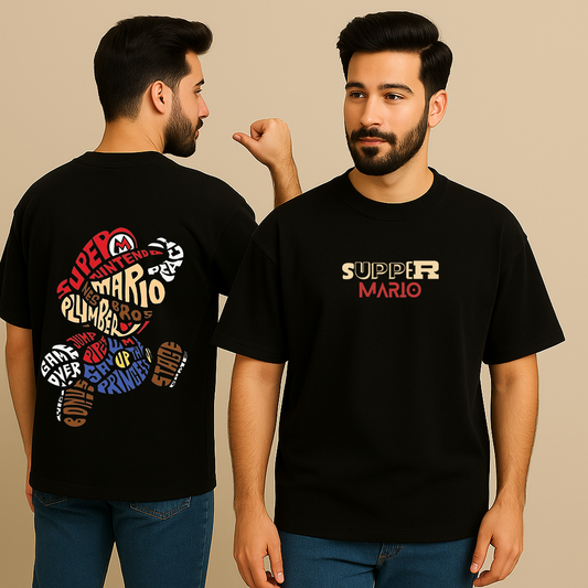 Men’s Black Oversized Cotton T-Shirt – Super Mario Graphic Printed Tee