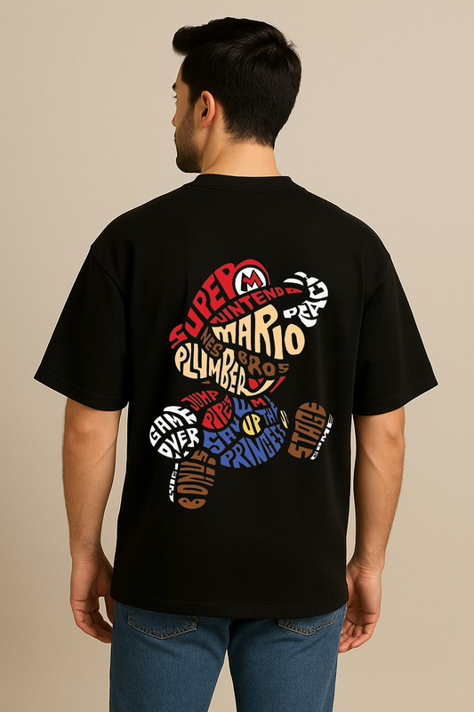 Men’s Black Oversized Cotton T-Shirt – Super Mario Graphic Printed Tee