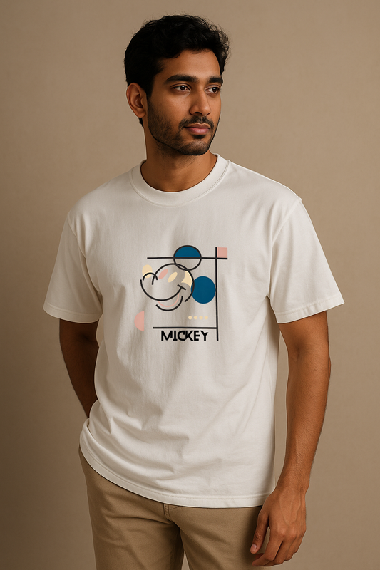 Men’s White Oversized Cotton T-Shirt – Mickey Abstract Graphic Printed Tee