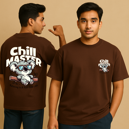 Men’s Brown Oversized Cotton T-Shirt – “Chill Master” Koala Graphic Printed Tee