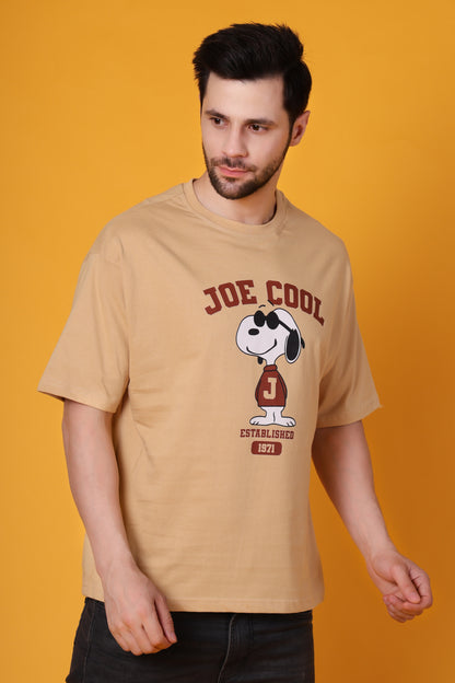 Men’s Beige Oversized Cotton T-Shirt – Snoopy “Joe Cool” Graphic Printed Tee