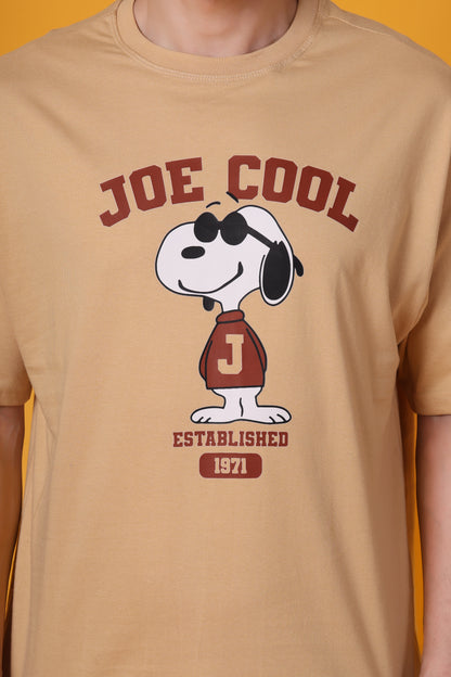 Men’s Beige Oversized Cotton T-Shirt – Snoopy “Joe Cool” Graphic Printed Tee
