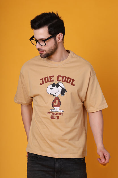 Men’s Beige Oversized Cotton T-Shirt – Snoopy “Joe Cool” Graphic Printed Tee