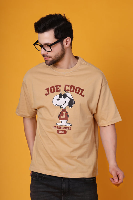 Men’s Beige Oversized Cotton T-Shirt – Snoopy “Joe Cool” Graphic Printed Tee
