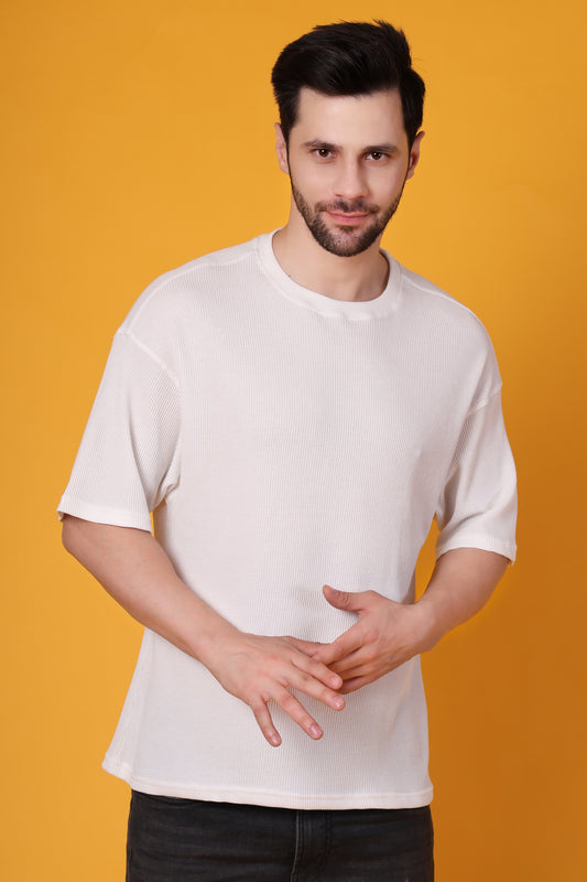 Men’s Off-White Waffle Knit T-Shirt – Premium Cotton Blend, Relaxed Fit Statement Tee