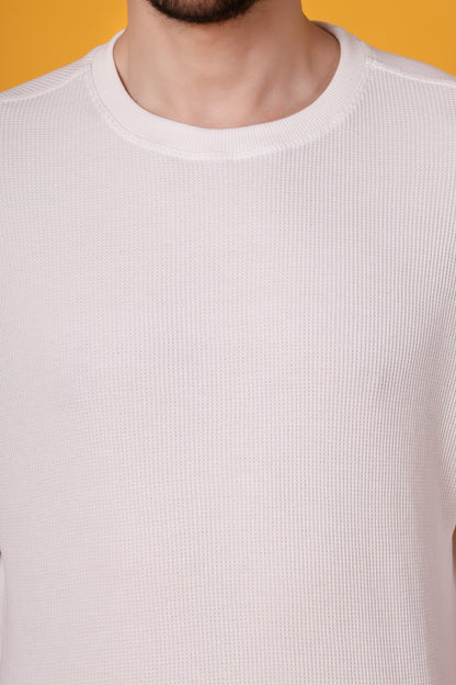 Men’s Off-White Waffle Knit T-Shirt – Premium Cotton Blend, Relaxed Fit Statement Tee