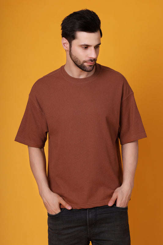 Men’s Brown Waffle Knit T-Shirt – Premium Cotton Blend, Relaxed Fit Statement Tee