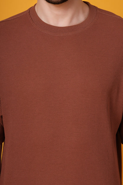 Men’s Brown Waffle Knit T-Shirt – Premium Cotton Blend, Relaxed Fit Statement Tee