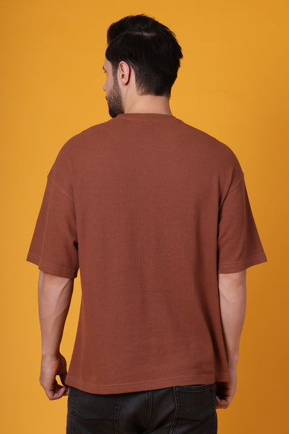 Men’s Brown Waffle Knit T-Shirt – Premium Cotton Blend, Relaxed Fit Statement Tee