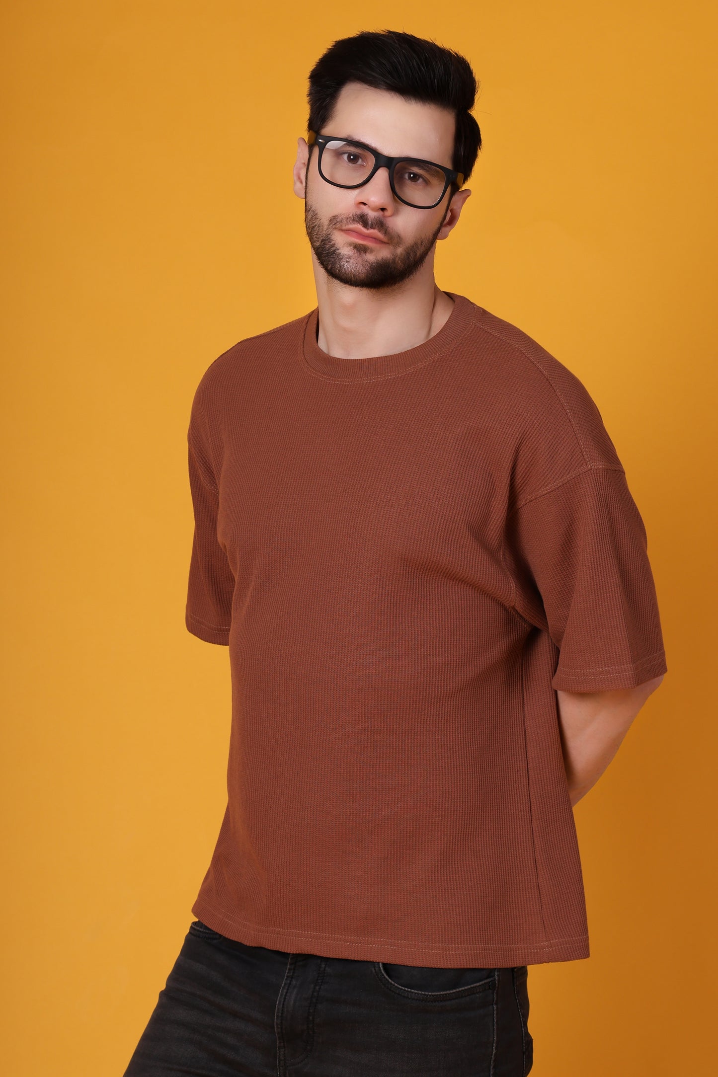 Men’s Brown Waffle Knit T-Shirt – Premium Cotton Blend, Relaxed Fit Statement Tee