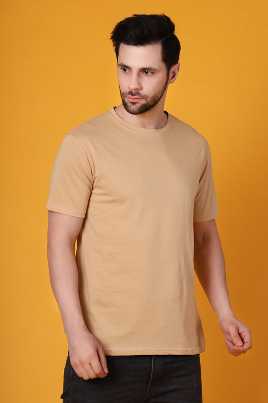 Men's Beige Cotton T-Shirt – Classic Regular Fit, Soft & Breathable