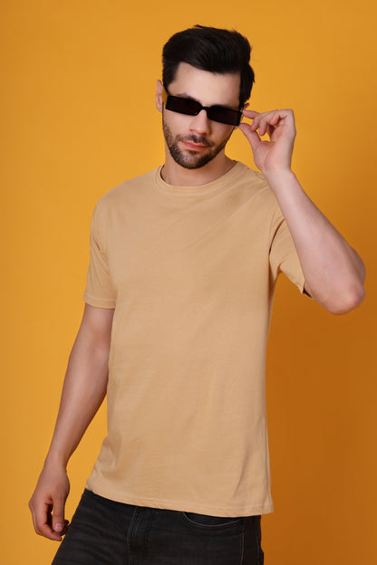 Men's Beige Cotton T-Shirt – Classic Regular Fit, Soft & Breathable