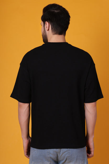 Men’s Black Waffle Knit T-Shirt – Premium Cotton Blend, Relaxed Fit Statement Tee