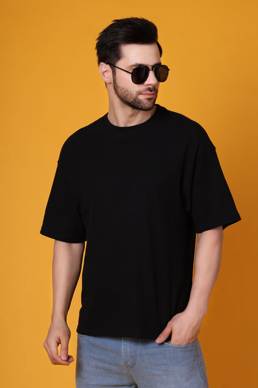 Men’s Black Waffle Knit T-Shirt – Premium Cotton Blend, Relaxed Fit Statement Tee