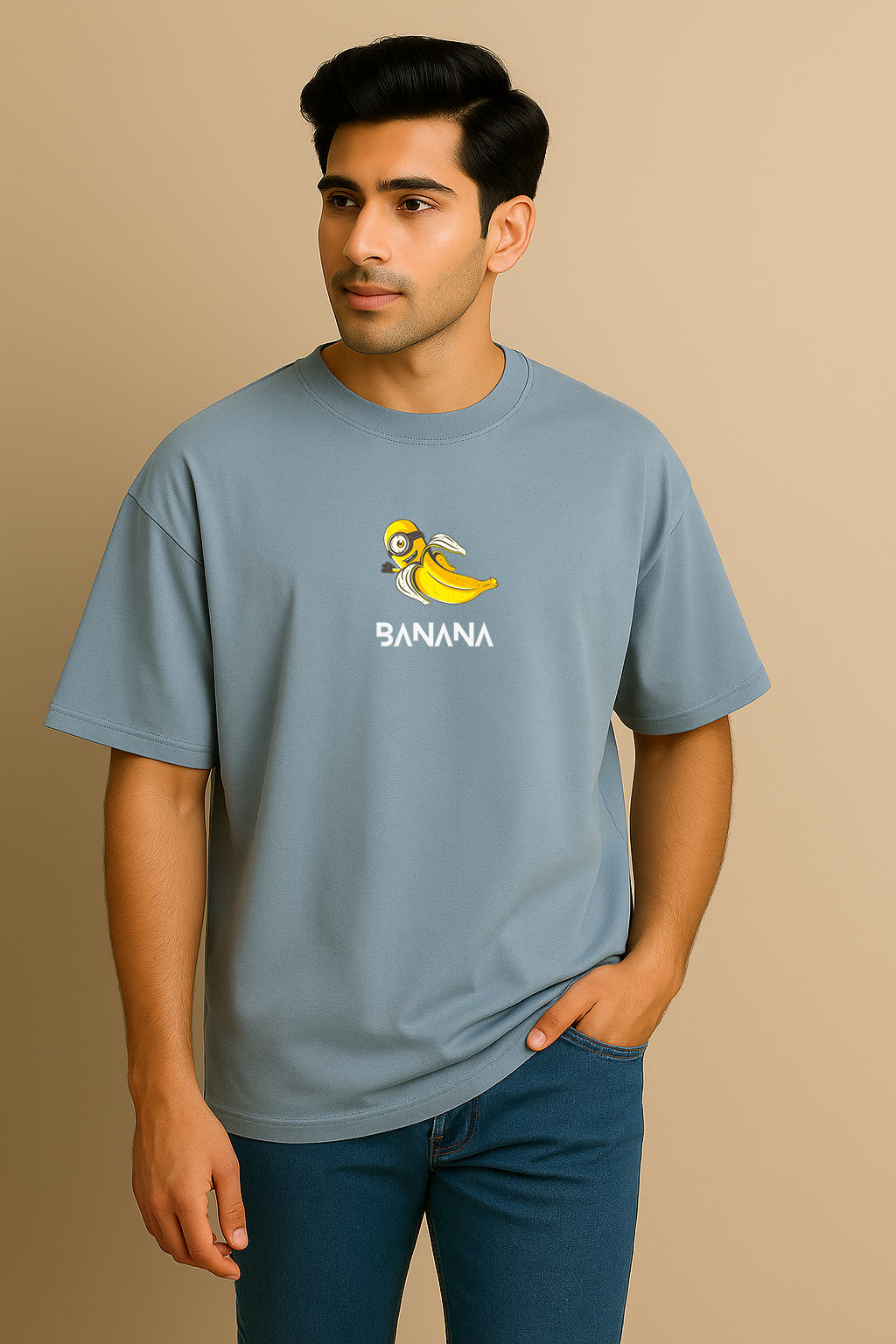 Men’s Blue Oversized Cotton T-Shirt – Minion “Banana” Graphic Printed Tee