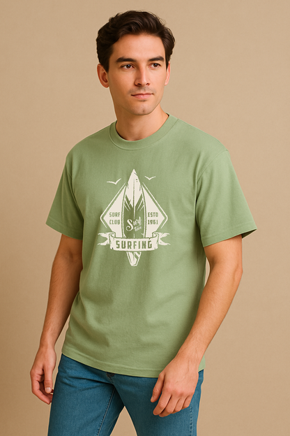 Men’s Sage Green Oversized Cotton T-Shirt – Surf Club Graphic Printed Tee
